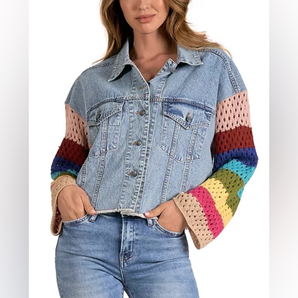 Elan Crochet Sleeve Cropped Denim Jacket Womens M Boho Festival - Picture 1 of 7